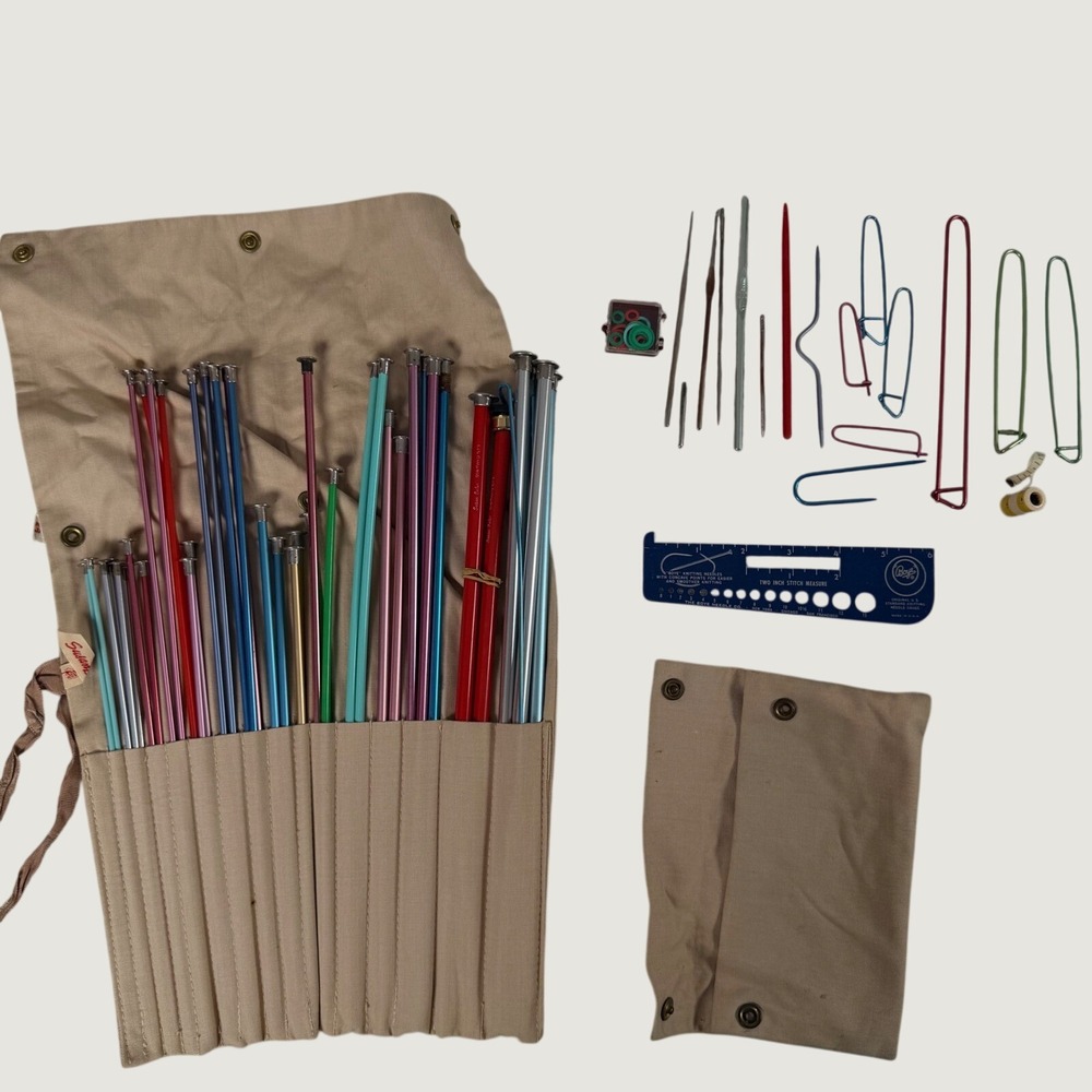 Vintage Susan Bates Boye Hero Knitting Needle Crochet Hook Set Canvas Roll Case